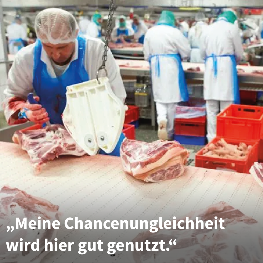 Person mit Schutzkleidung zerlegt Fleisch am Fließband, dahinter weitere arbeitende Personen, Text: "Meine Chancenungleichheit wird hier gut genutzt."